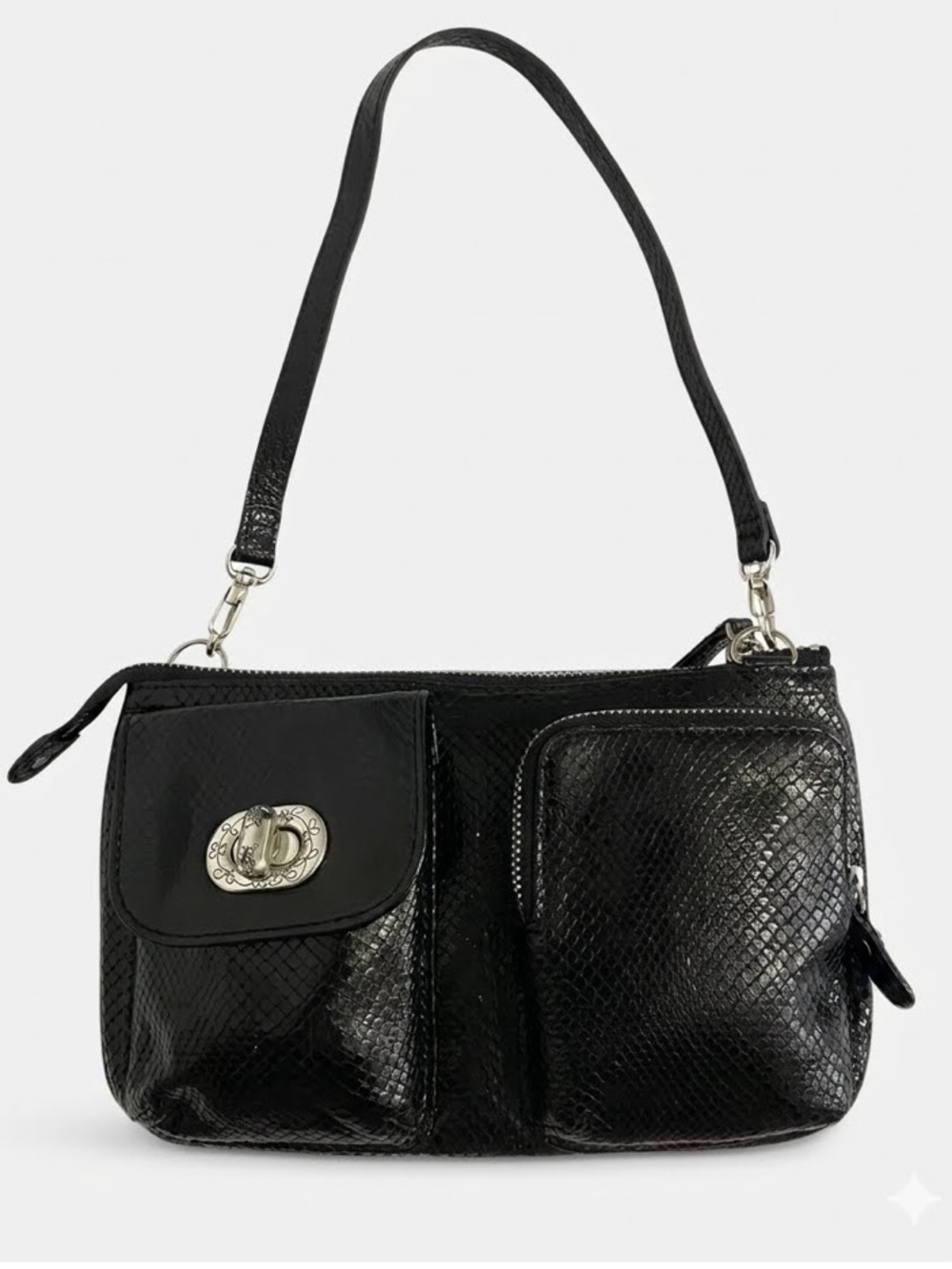 Brighton Y2K Convertible Shoulder Bag Crossbody Black Reptile Embossed Leather